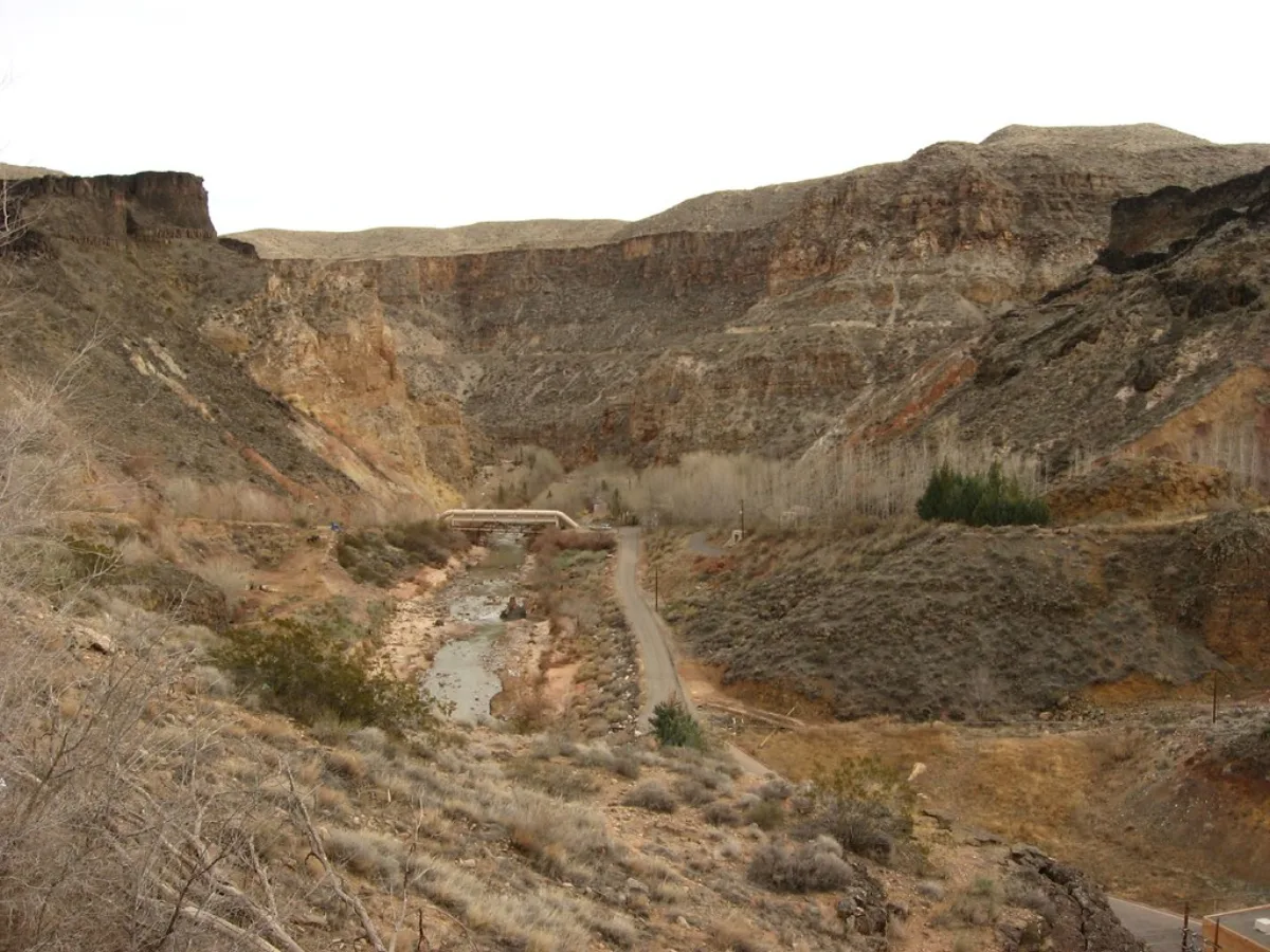 The Virgin River winding through the basalt gorge in La Verkin, Utah, below State Route 9