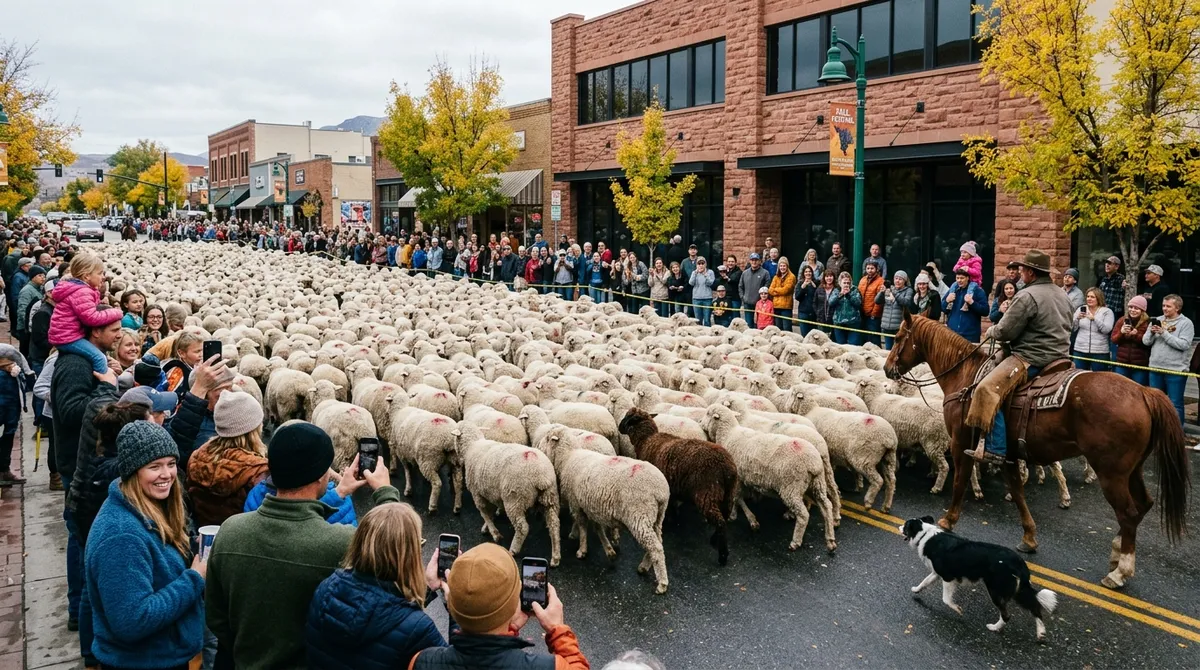 A flock of sheep herded down a small-town main street during a fall heritage festival