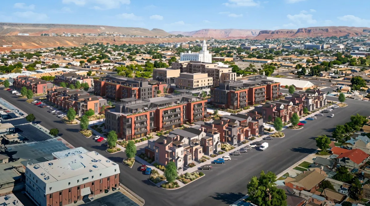 Featured image for "Temple View" Concept for St. George's Old Hospital Site Goes to City Council Oct. 22 - A concept called Temple View would put about 234 homes, including brownstones, apartments and a condotel, plus ground-floor retail and a pedestrian street on St. George's old hospital site. The City Council discusses it at a work meeting Thursday, Oct. 22. No vote is scheduled.
