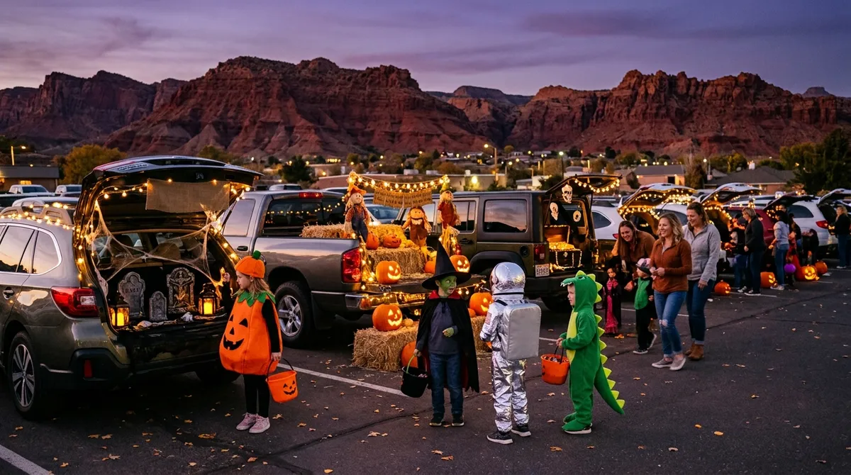 Children in costumes at a trunk-or-treat with decorated car trunks at dusk