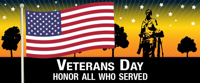 Washington City Veterans Day banner reading Honor All Who Served, with an American flag and a soldier silhouette