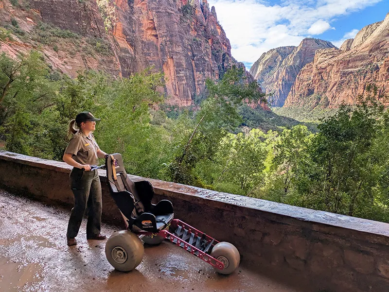 Featured image for Free All-Terrain Wheelchairs at Zion National Park: How to Check One Out, Which Trails Work and the Rules - Zion, Bryce Canyon, Capitol Reef, Canyonlands and Arches now each have at least one free all-terrain wheelchair. At Zion, you check it out at the Zion Canyon Visitor Center for the day, first come, first served, with a helper to push it.