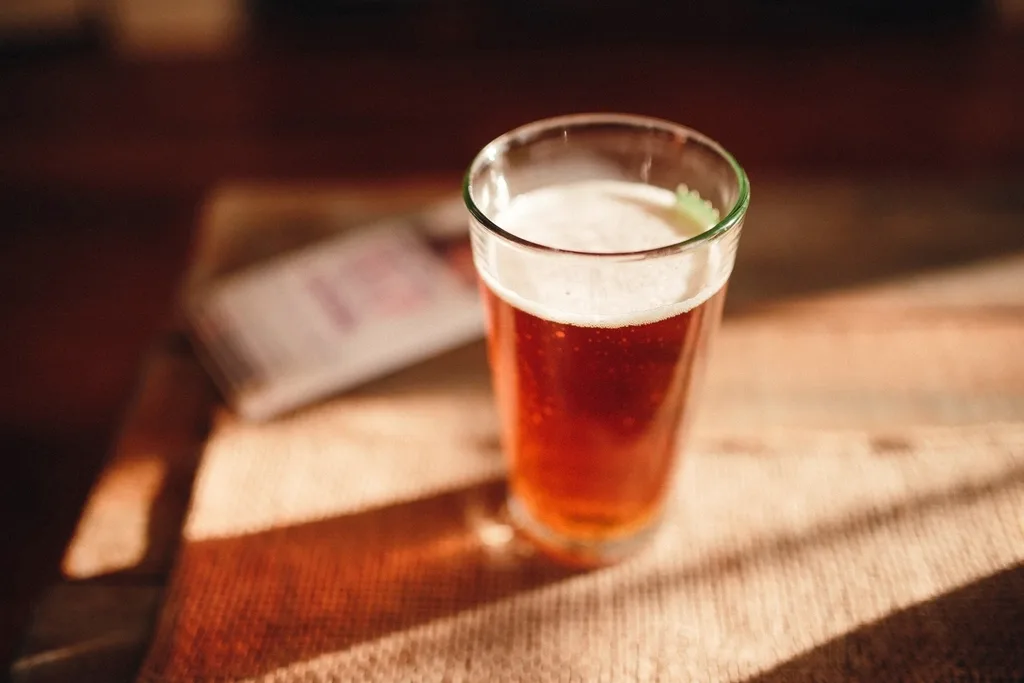 Close-up of a pint glass of amber ale with a white head of foam, lit by warm afternoon sun on a table